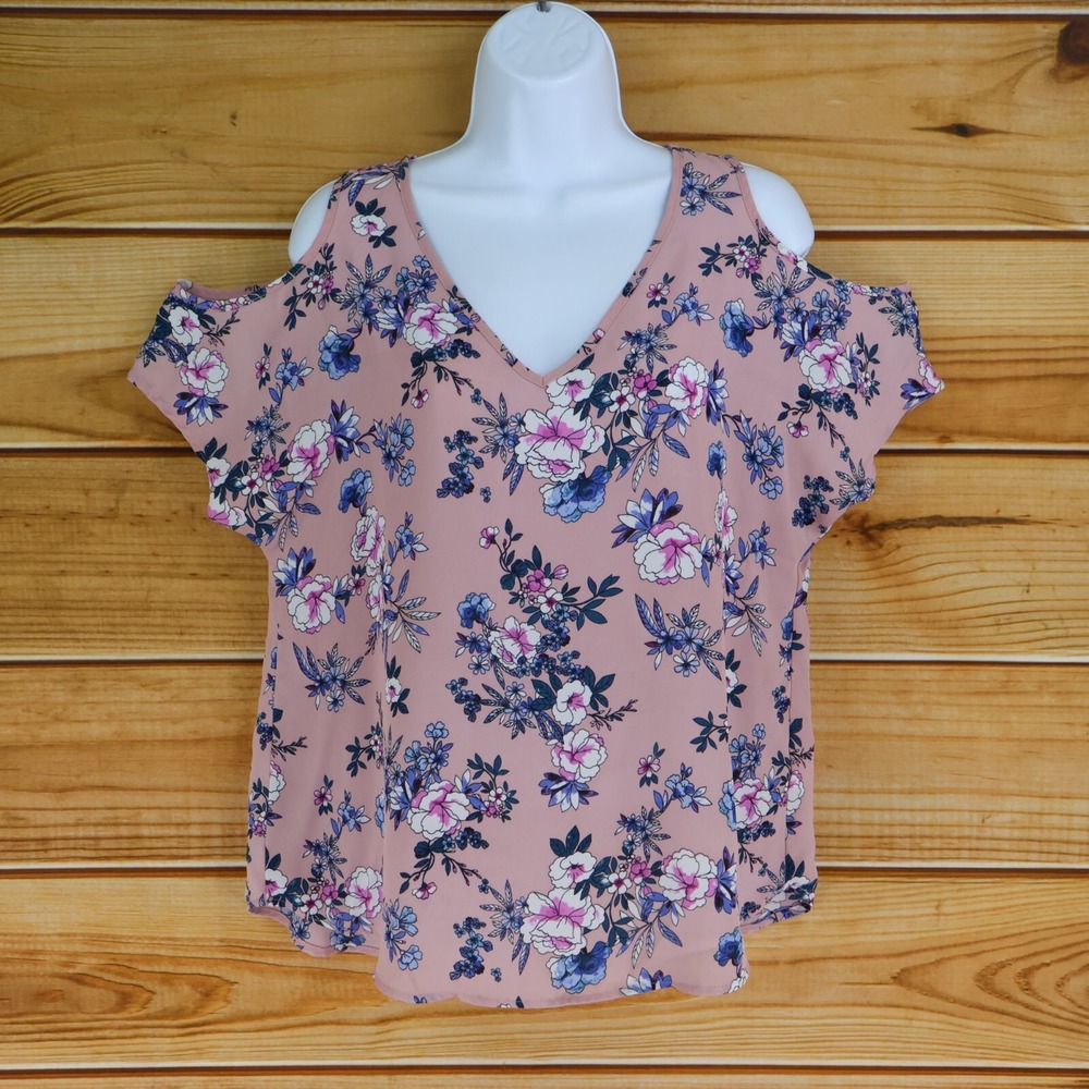Pink Republic Blouse Womens M Pink Blue Floral Cold Shoulder Lightweight V-Neck